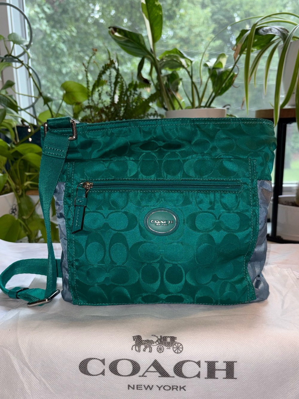 COACH Teal and light blue color block Signature Crossbody with Contrast Sides